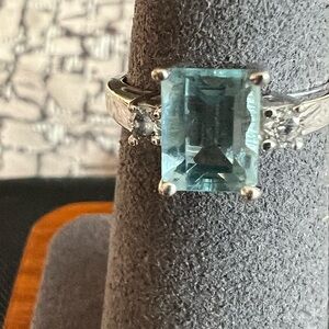 14K White Gold Ring – Emerald Cut Genuine Aquamarine with Diamonds Size 5.5